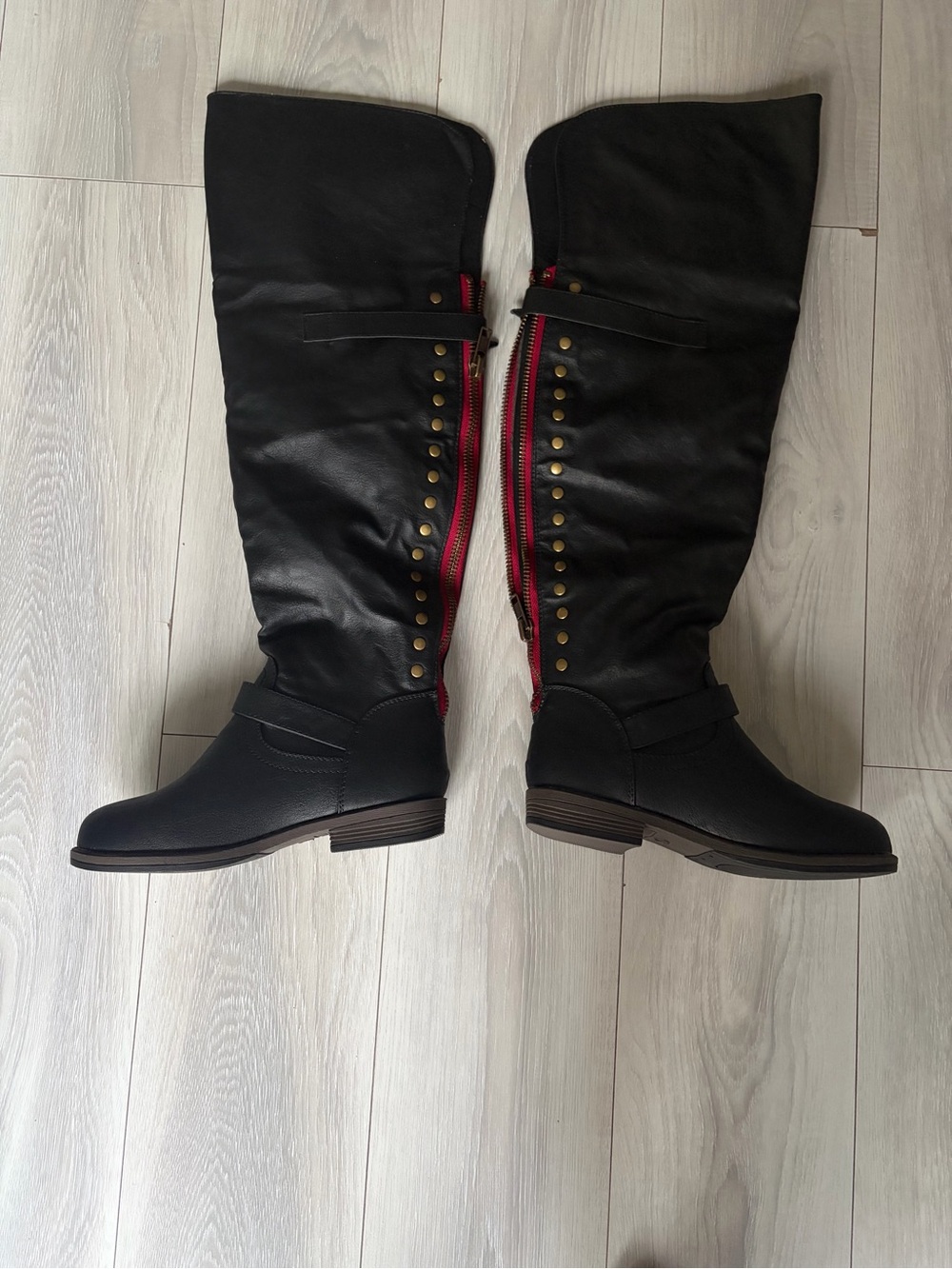 Journee Collection Black Over-the-Knee Boots with Red Zip & Gold Studs